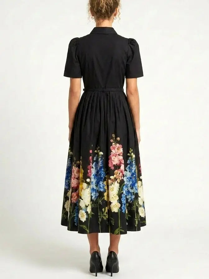 Botanical Wildflower Belted Cotton Shirt Midi Dress - Dresses