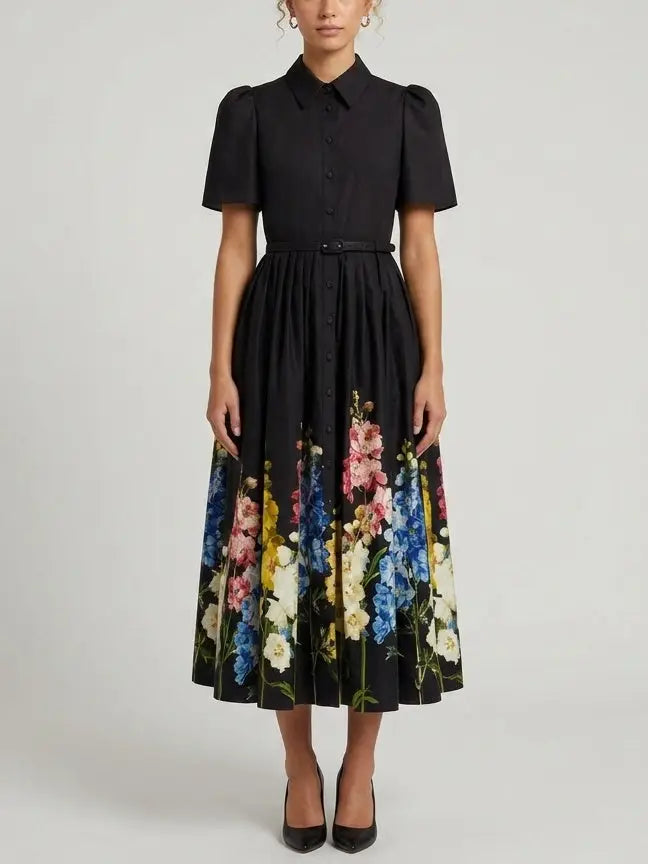 Botanical Wildflower Belted Cotton Shirt Midi Dress - Dresses