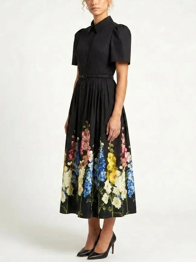Botanical Wildflower Belted Cotton Shirt Midi Dress - Dresses