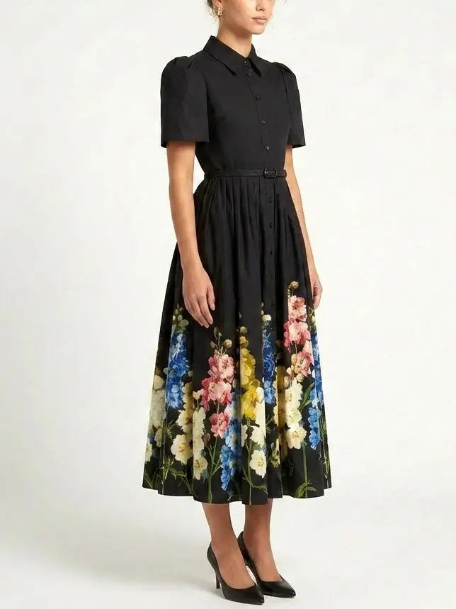 Botanical Wildflower Belted Cotton Shirt Midi Dress - Dresses