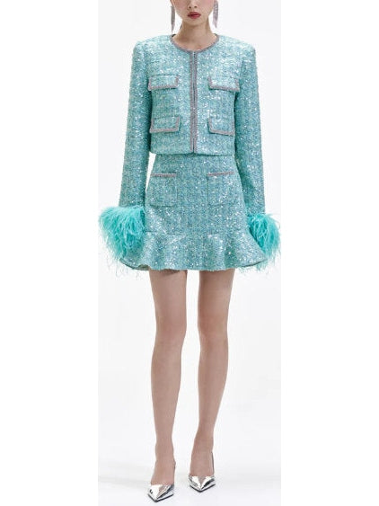 Boucle Feather Jacket and Skirt Set - Branna Couture