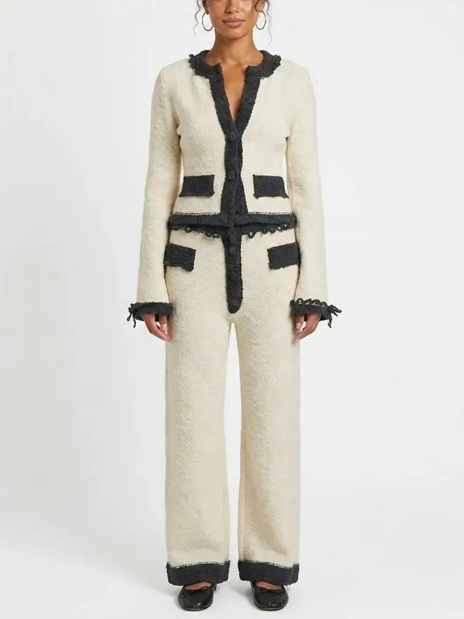 Bouclé Knit Cardigan and Pant Lounge Set - Small - Suits & Sets