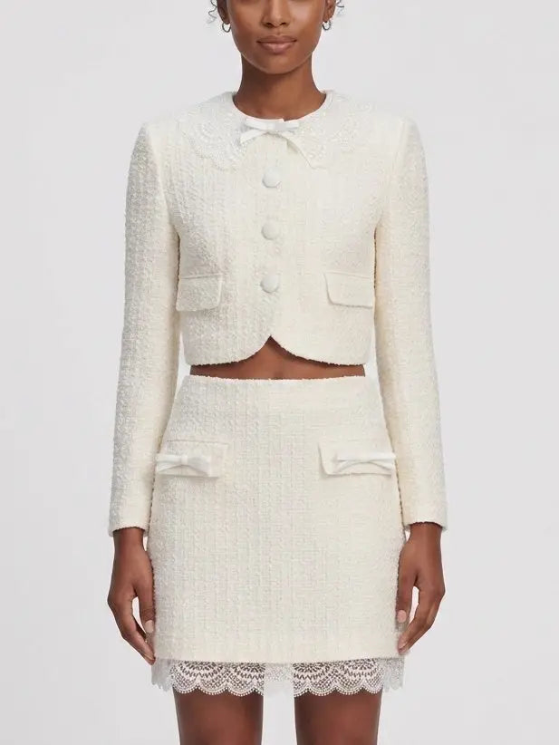 Boucle Tweed Jacket and Skirt Set with Lace Trim - Small - Suits & Sets