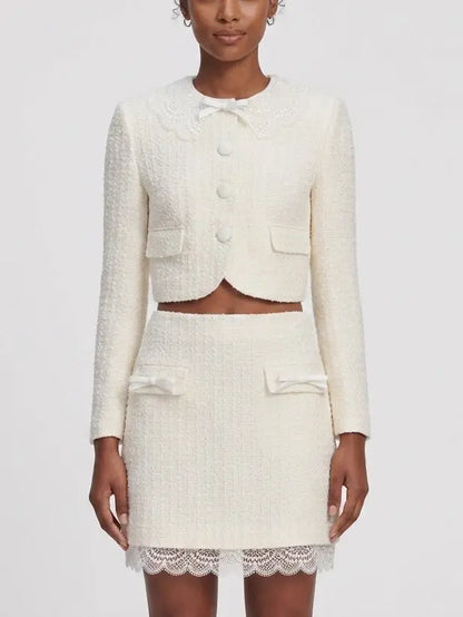 Boucle Tweed Jacket and Skirt Set with Lace Trim - Small - Suits & Sets