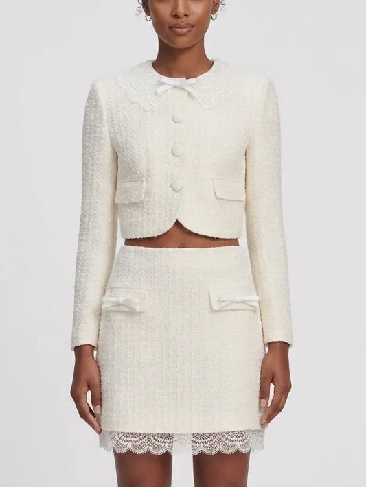 Boucle Tweed Jacket and Skirt Set with Lace Trim - Small - Suits & Sets