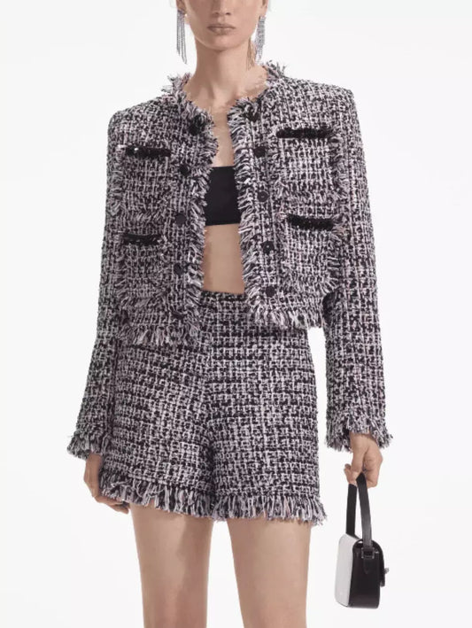 Boucle Fringed Tweed Jacket and Short Set with Black Embellished Trim - Branna Couture