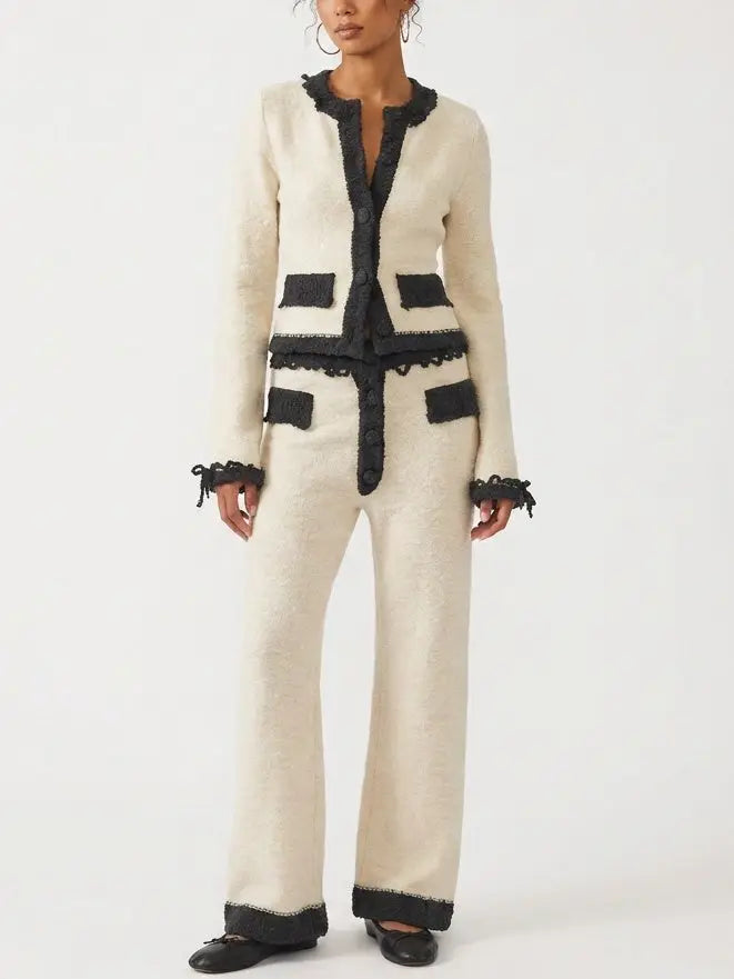 Bouclé Knit Cardigan and Pant Lounge Set - Suits & Sets