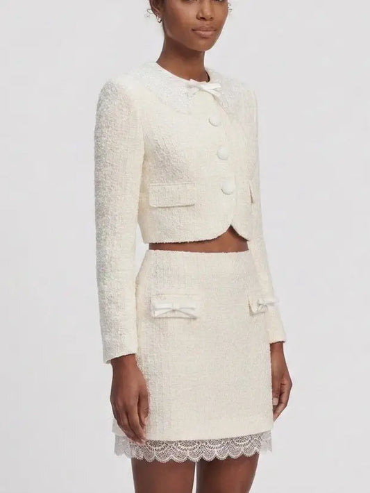 Boucle Tweed Jacket and Skirt Set with Lace Trim - Suits & Sets