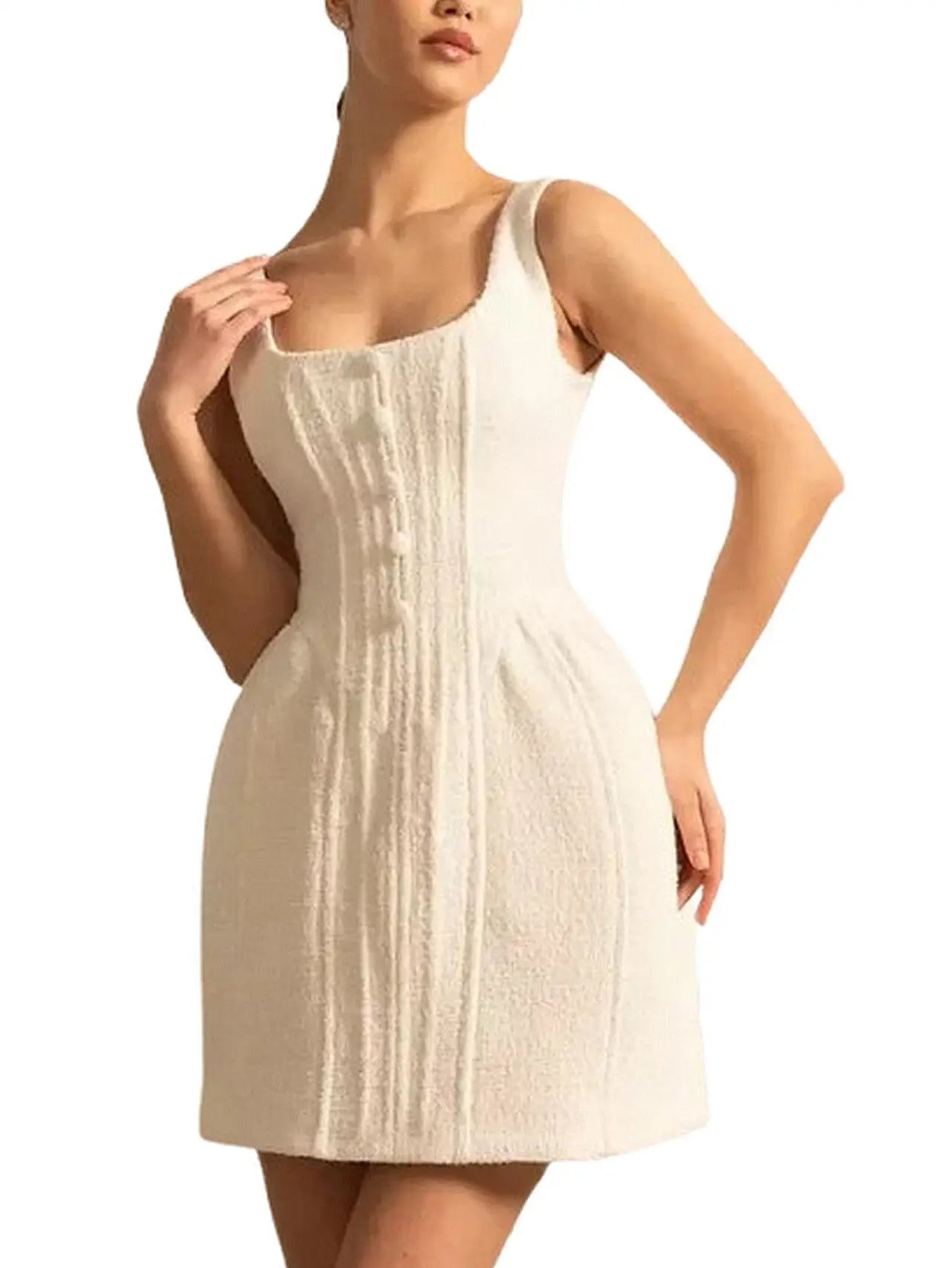 Boucle Tweed Peplum Mini Dress In White - Dresses