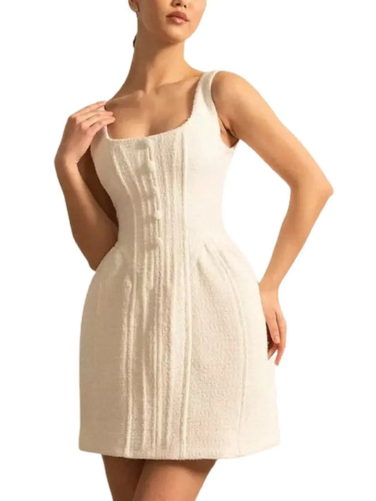 Boucle Tweed Peplum Mini Dress In White - Dresses