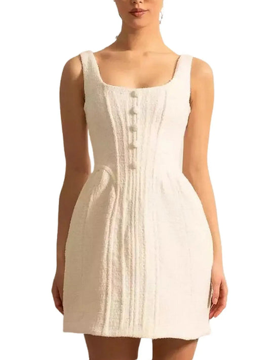 Boucle Tweed Peplum Mini Dress In White - Dresses