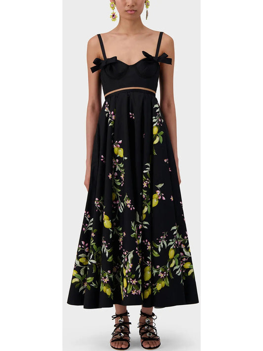 Bow-Detailed Printed Poplin Midi Dress in Black - Branna Couture