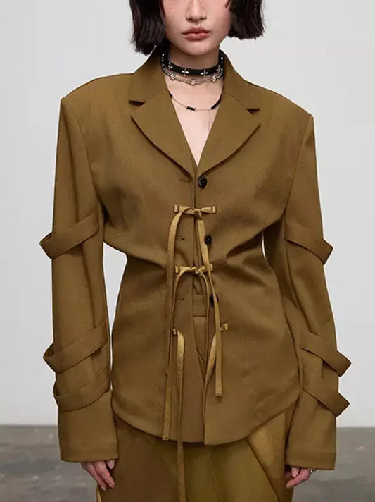 Bow-Detailed Single-Breasted Blazer in Caramel - Branna Couture