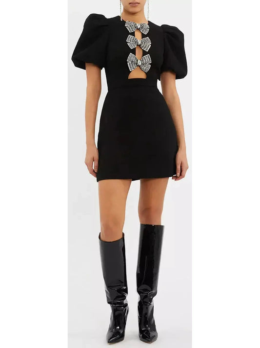 Bow-Embellished Black Mini Dress - Branna Couture