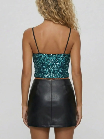 Bow-Embellished Sequin Cropped Camisole Top - Tops