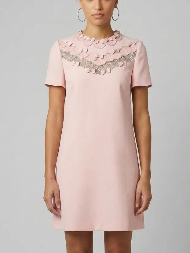 Bow-Embellished Short Sleeve Shift Dress - S / Light Pink - Dresses