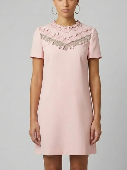 Bow-Embellished Short Sleeve Shift Dress - S / Light Pink - Dresses