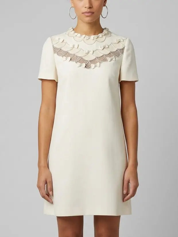 Bow-Embellished Short Sleeve Shift Dress - Dresses