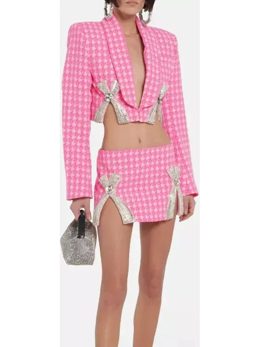 Bow-Embroidered Cropped Blazer and Mini Skirt Set in Pink Houndstooth - Branna Couture