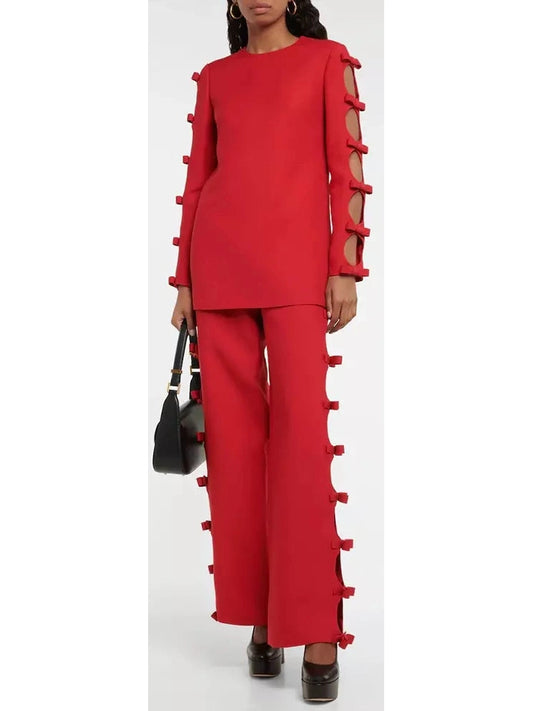 Bow-Trimmed Long-Sleeve Top and Pant Set in Red - Branna Couture