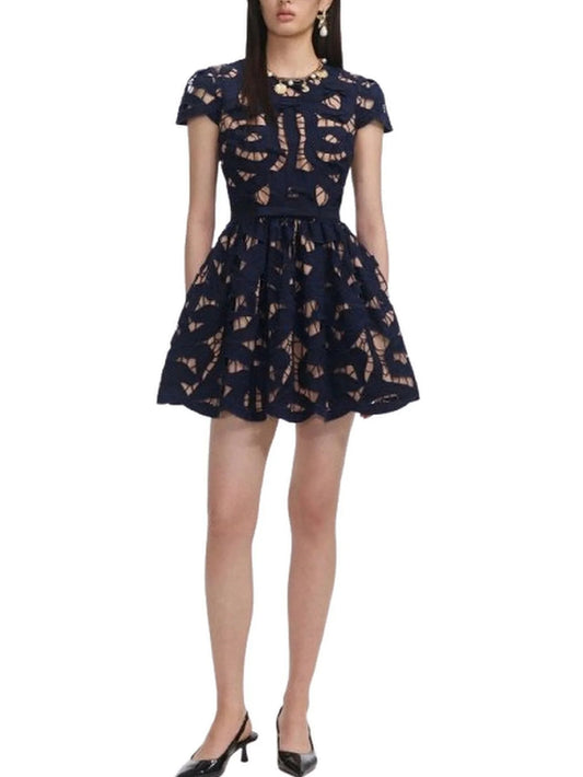 Bow Decorated Navy Blue Embroidered Mini Dress - Small - Dresses