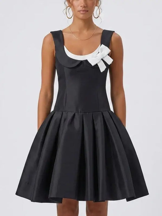 Bow Detail Black Satin Fit and Flare Mini Dress - Small - Dresses
