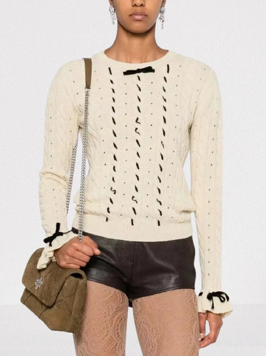 Bow Detail Contrast-Woven Sweater in Off-White - Small - Sweaters & Knitwear