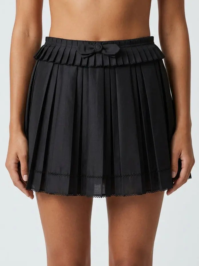 Bow Detail Pleated Mini Skirt - Small / Black - Skirts