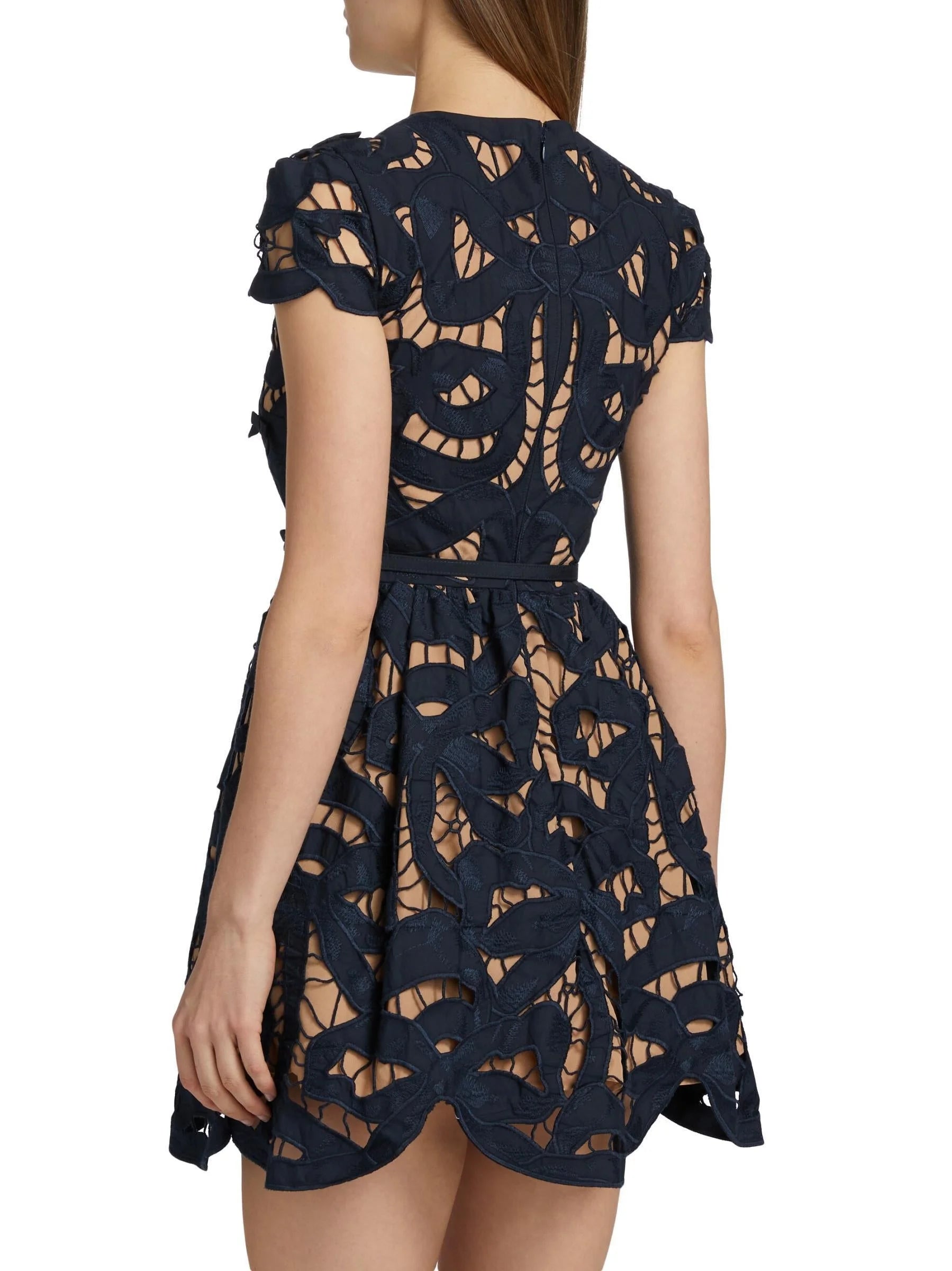 Bow Decorated Navy Blue Embroidered Mini Dress - Dresses