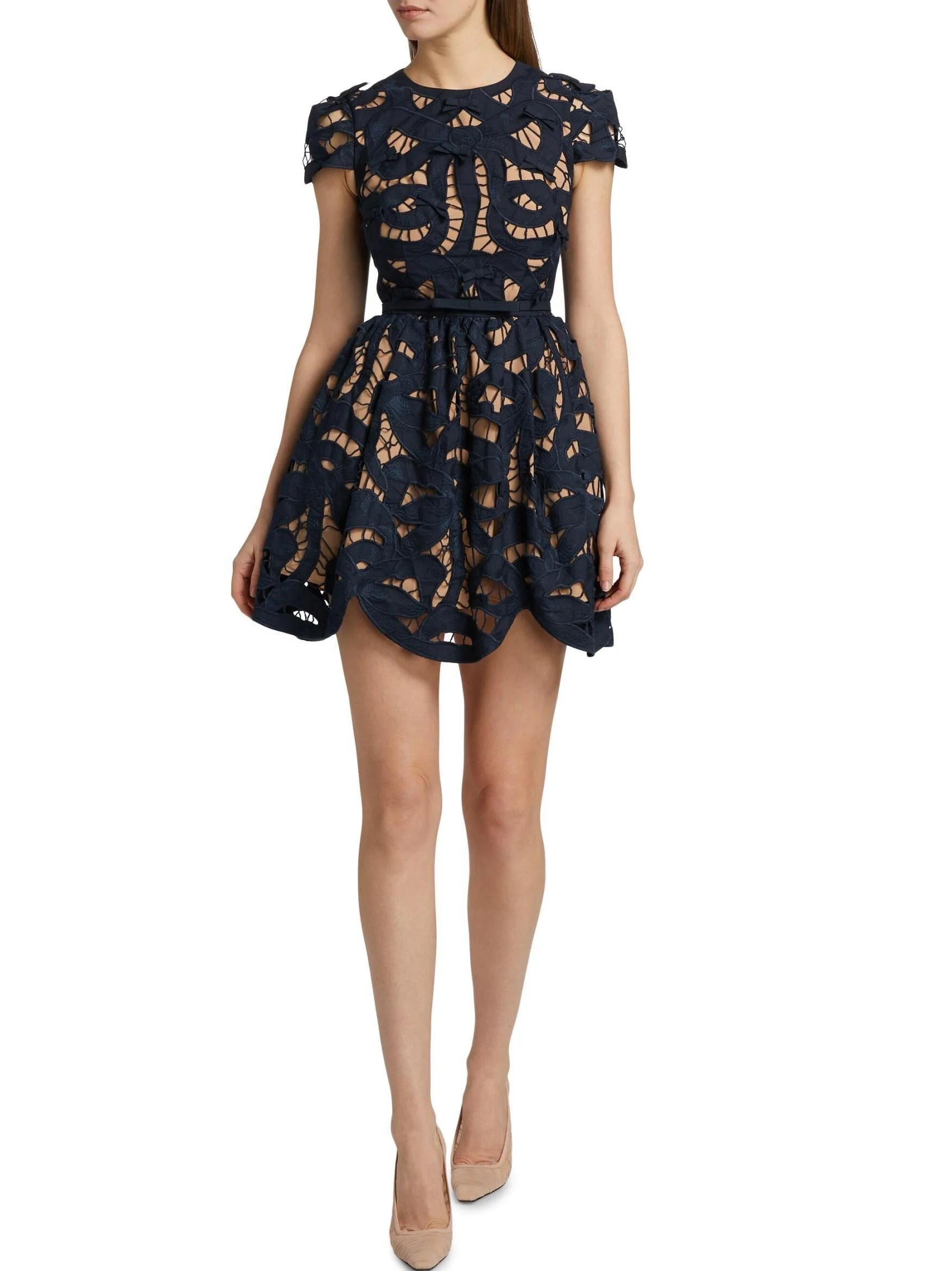 Bow Decorated Navy Blue Embroidered Mini Dress - Dresses