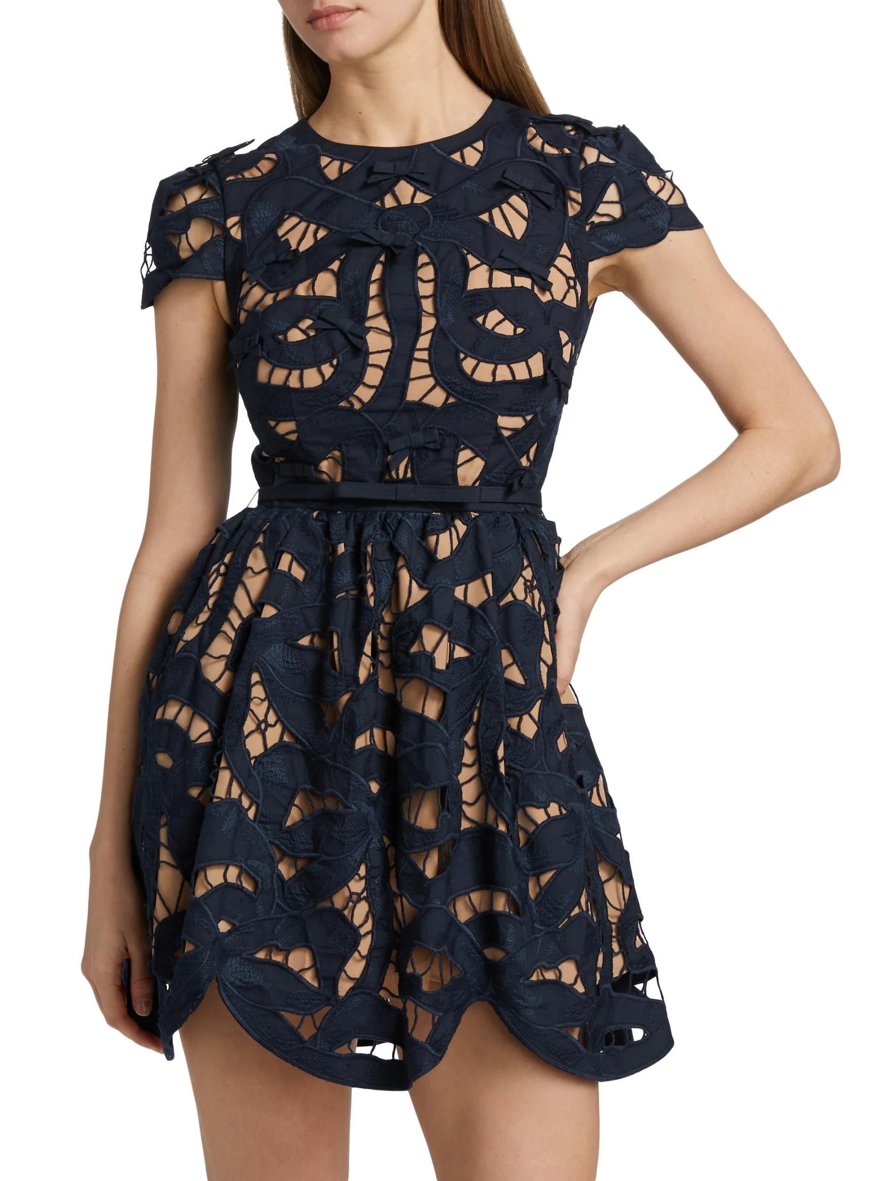 Bow Decorated Navy Blue Embroidered Mini Dress - Dresses
