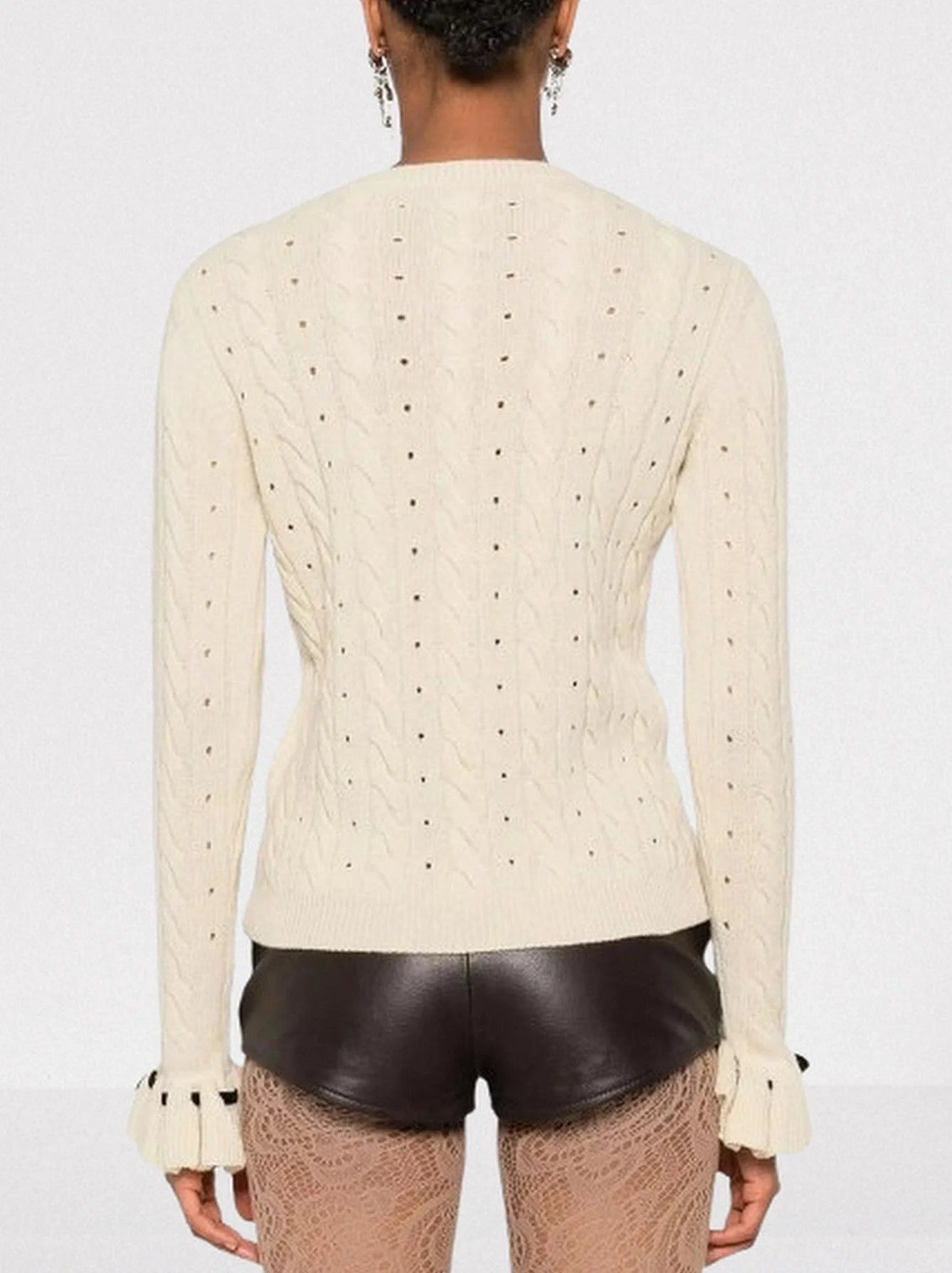 Bow Detail Contrast-Woven Sweater in Off-White - Sweaters & Knitwear