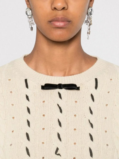 Bow Detail Contrast-Woven Sweater in Off-White - Sweaters & Knitwear