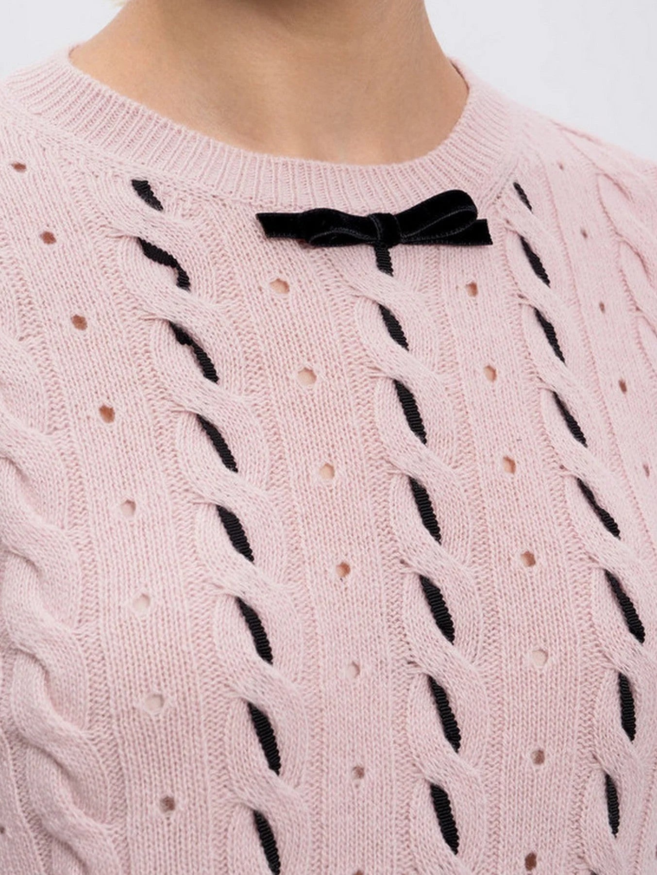 Bow Detail Contrast-Woven Sweater in Pink - Sweaters & Knitwear