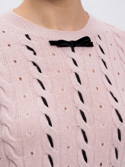Bow Detail Contrast-Woven Sweater in Pink - Sweaters & Knitwear