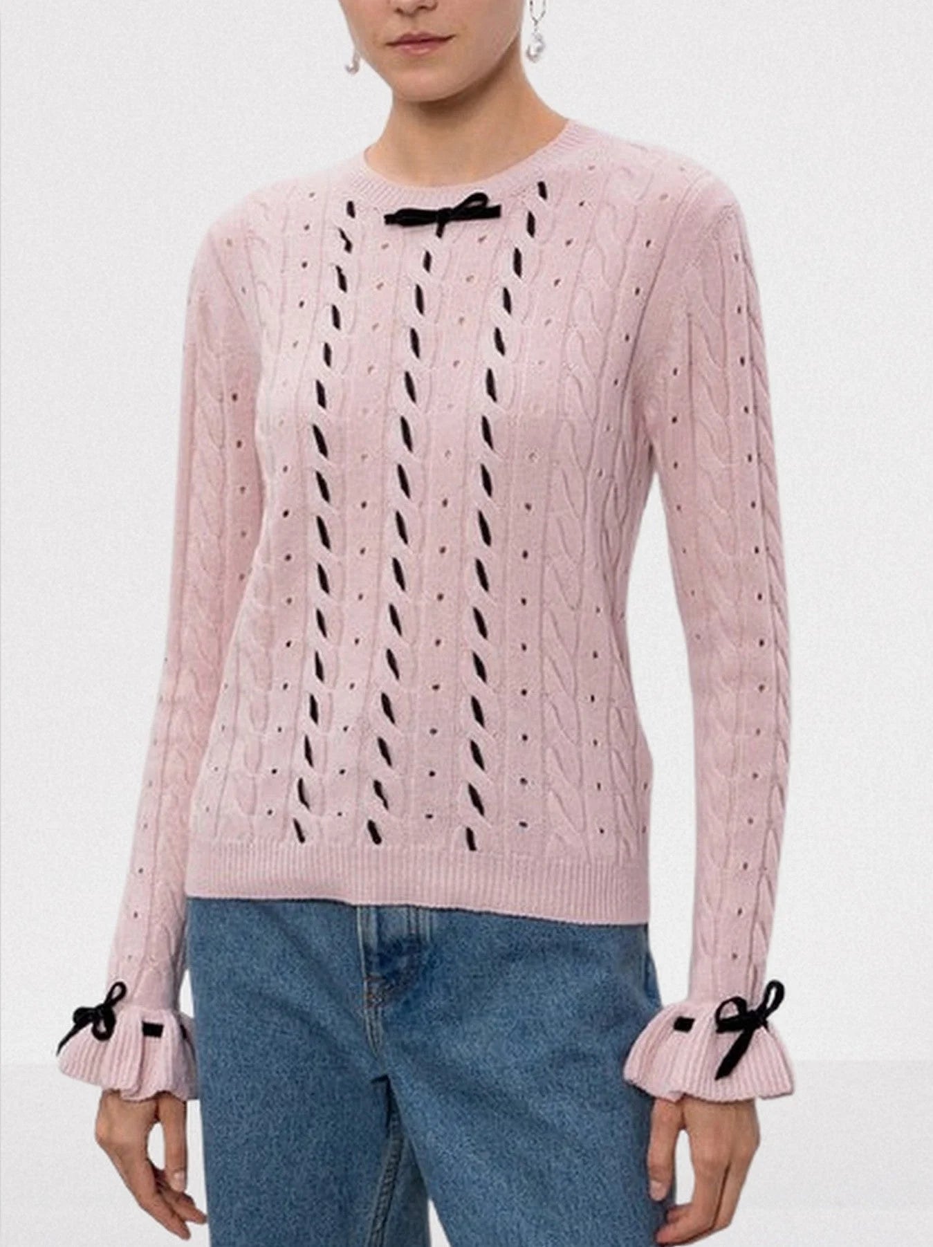 Bow Detail Contrast-Woven Sweater in Pink - Sweaters & Knitwear