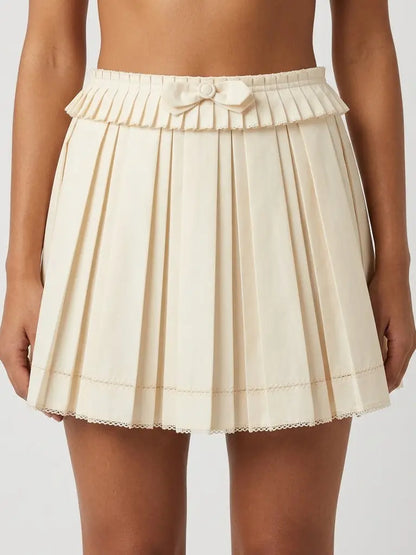 Bow Detail Pleated Mini Skirt - Small / Cream - Skirts