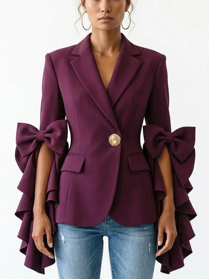 Bow Detail Ruffle Sleeve Blazer - Jackets