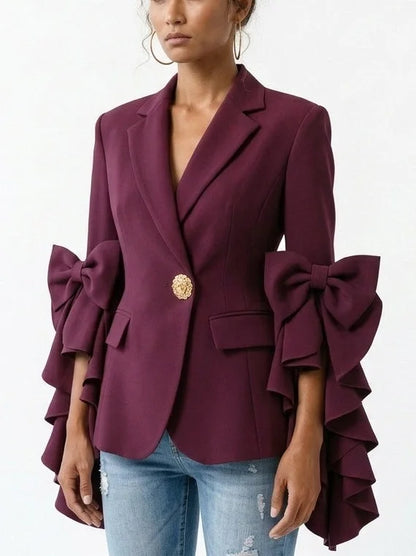 Bow Detail Ruffle Sleeve Blazer - Jackets