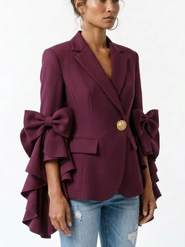 Bow Detail Ruffle Sleeve Blazer - Jackets