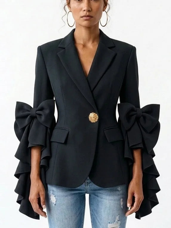 Bow Detail Ruffle Sleeve Blazer - Jackets