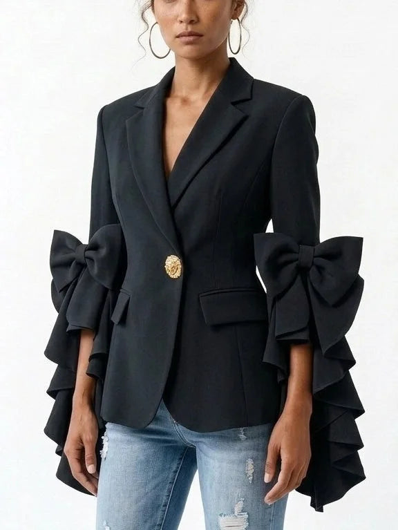 Bow Detail Ruffle Sleeve Blazer - Jackets