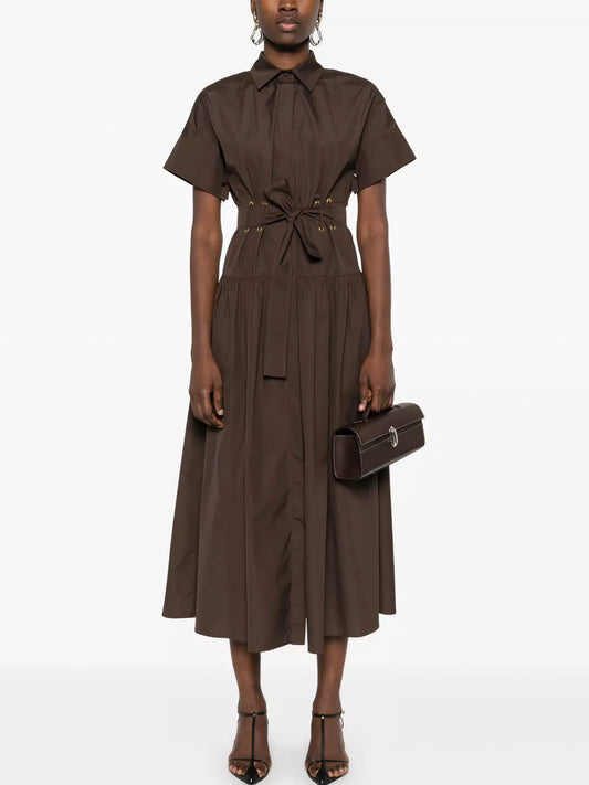 Box-Pleat Concealed Button Brown Midi Shirt Dress - Small - Dresses