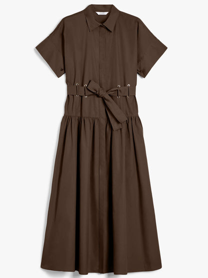 Box-Pleat Concealed Button Brown Midi Shirt Dress - Dresses