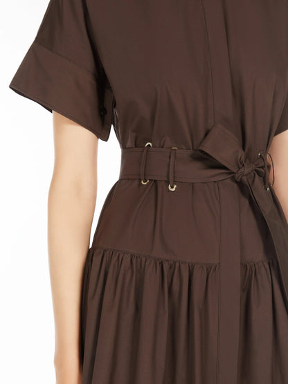 Box-Pleat Concealed Button Brown Midi Shirt Dress - Dresses
