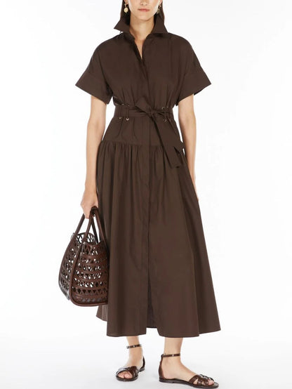 Box-Pleat Concealed Button Brown Midi Shirt Dress - Dresses