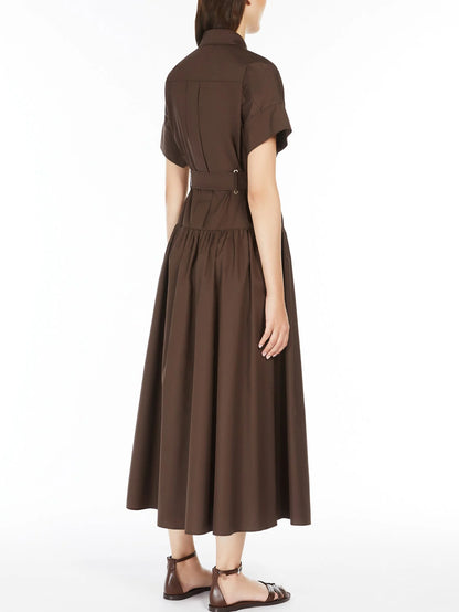 Box-Pleat Concealed Button Brown Midi Shirt Dress - Dresses