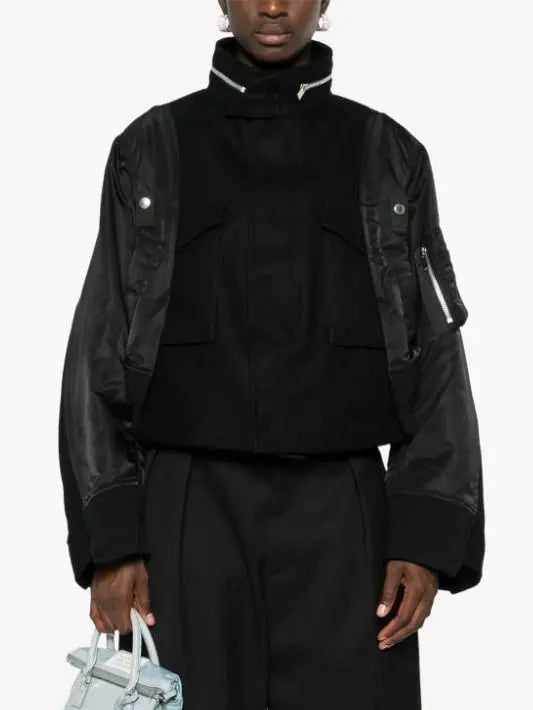 Boxy Paneled Bomber Jacket in Black - Branna Couture