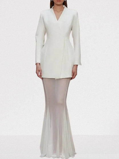 Boxy Blazer and Long Sheer Skirt Set - Suits & Sets