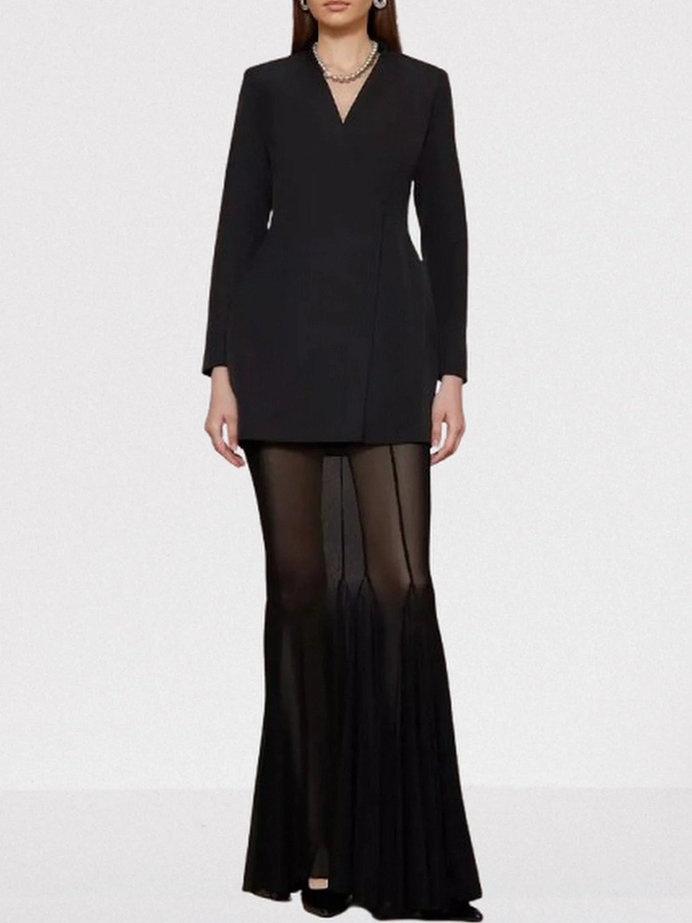 Boxy Blazer and Long Sheer Skirt Set - Suits & Sets